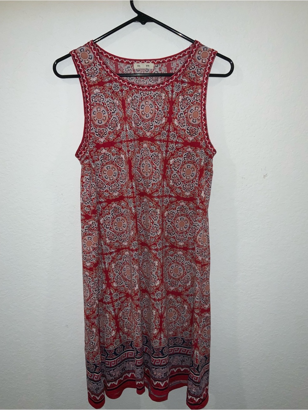 Max Studio Red Paisley Shift Dress with Navy and Cream Accents